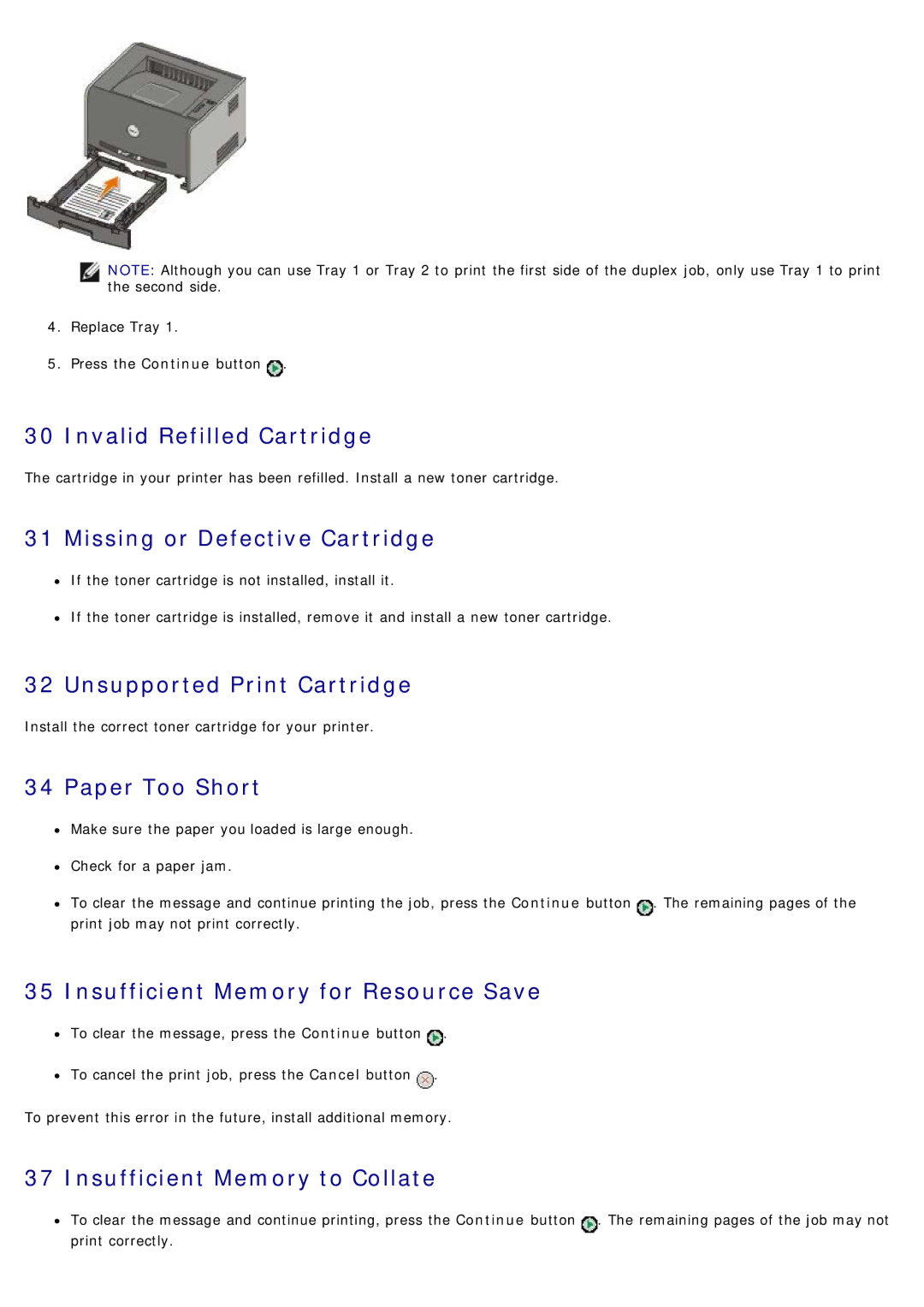 Dell 1720/1720DN Invalid Refilled Cartridge, Missing or Defective Cartridge, Unsupported Print Cartridge, Paper Too Short 