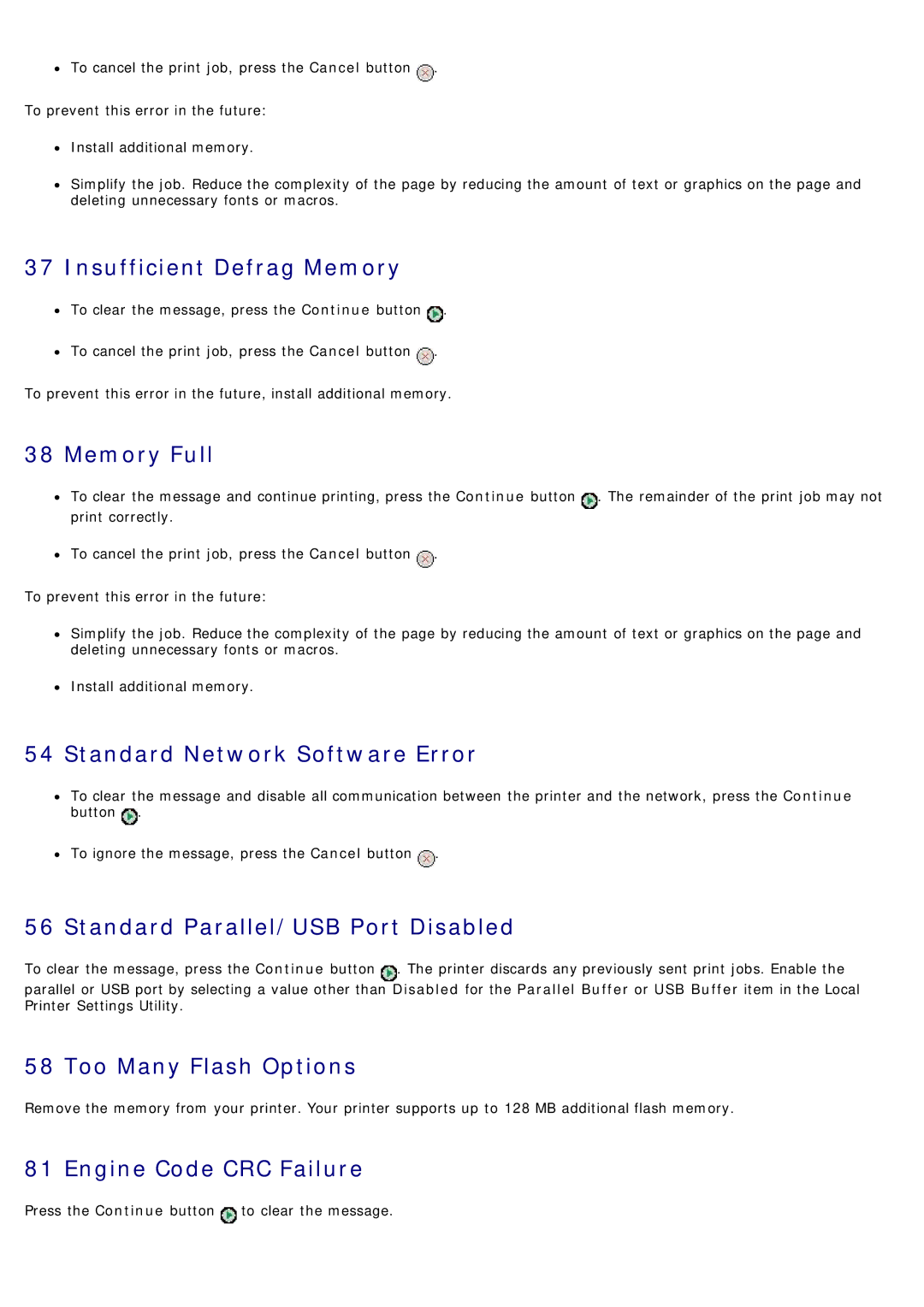 Dell 1720/1720DN Insufficient Defrag Memory, Memory Full, Standard Network Software Error, Too Many Flash Options 