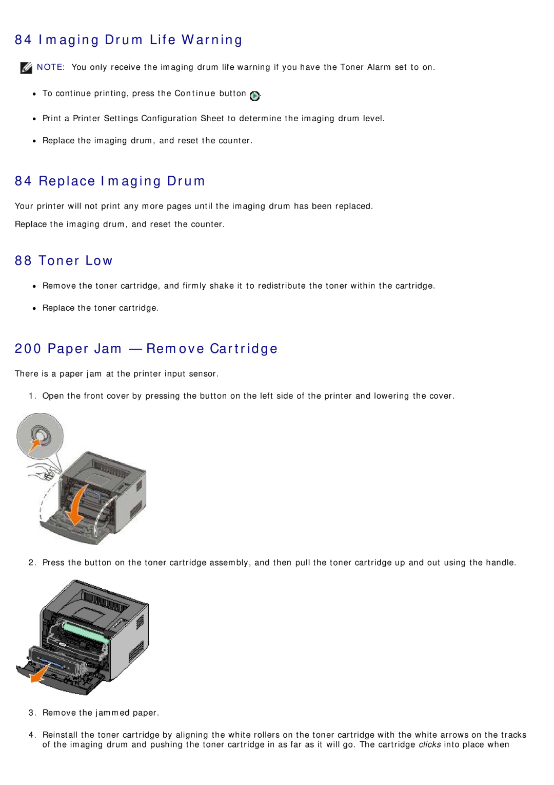 Dell 1720/1720DN specifications Imaging Drum Life Warning, Replace Imaging Drum, Toner Low, Paper Jam Remove Cartridge 