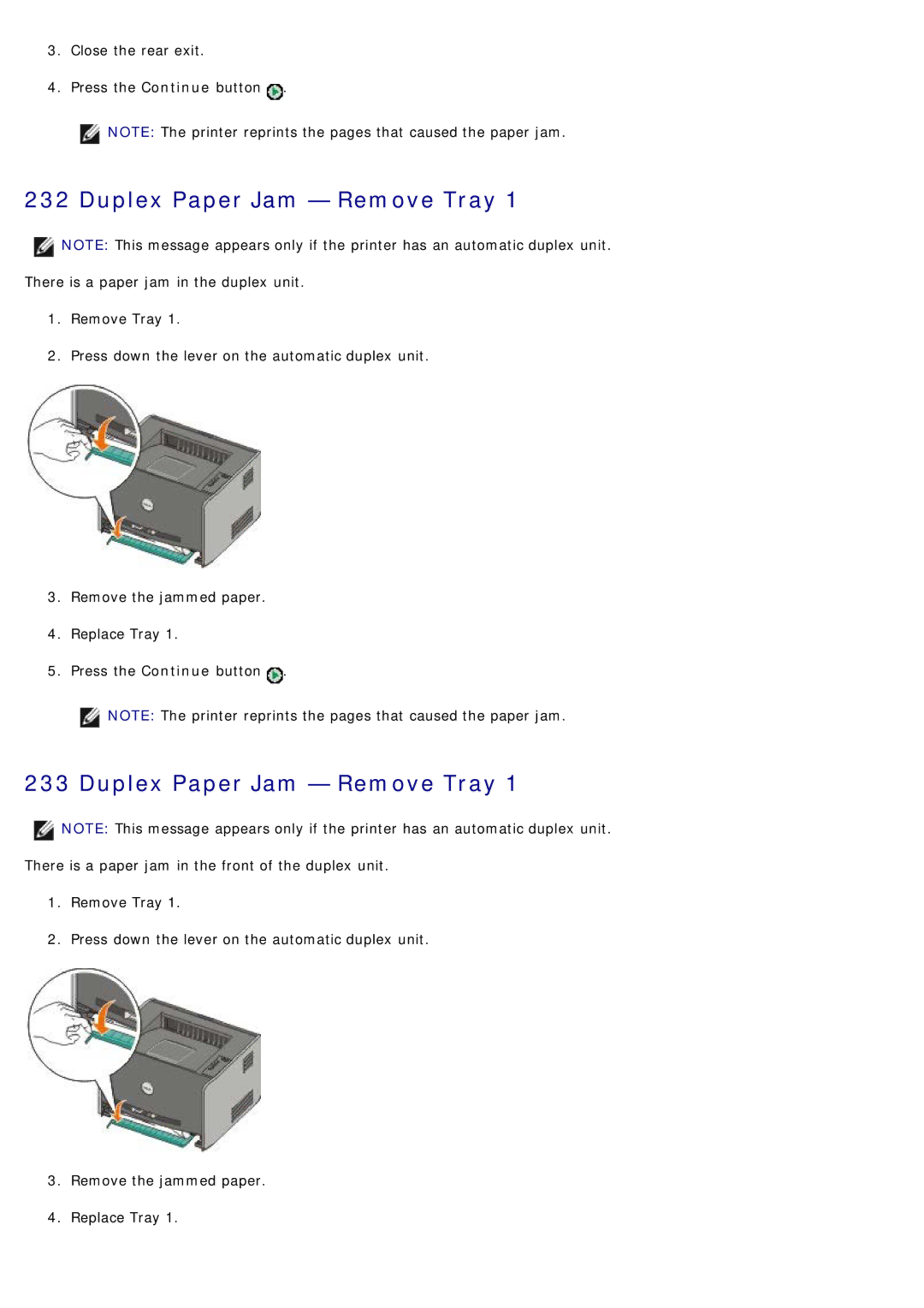 Dell 1720/1720DN specifications Duplex Paper Jam Remove Tray 