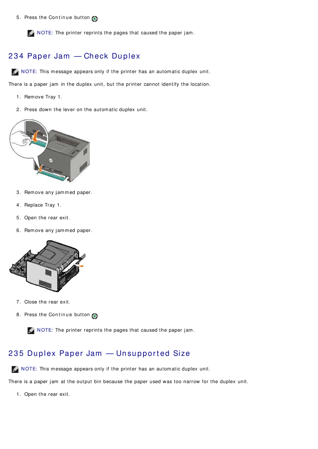 Dell 1720/1720DN specifications Paper Jam Check Duplex, Duplex Paper Jam Unsupported Size 