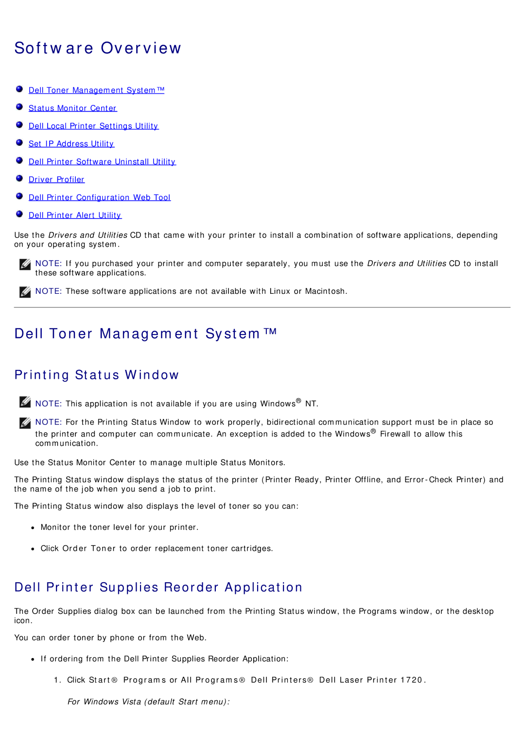 Dell 1720/1720DN specifications Software Overview, Dell Toner Management System, Printing Status Window 