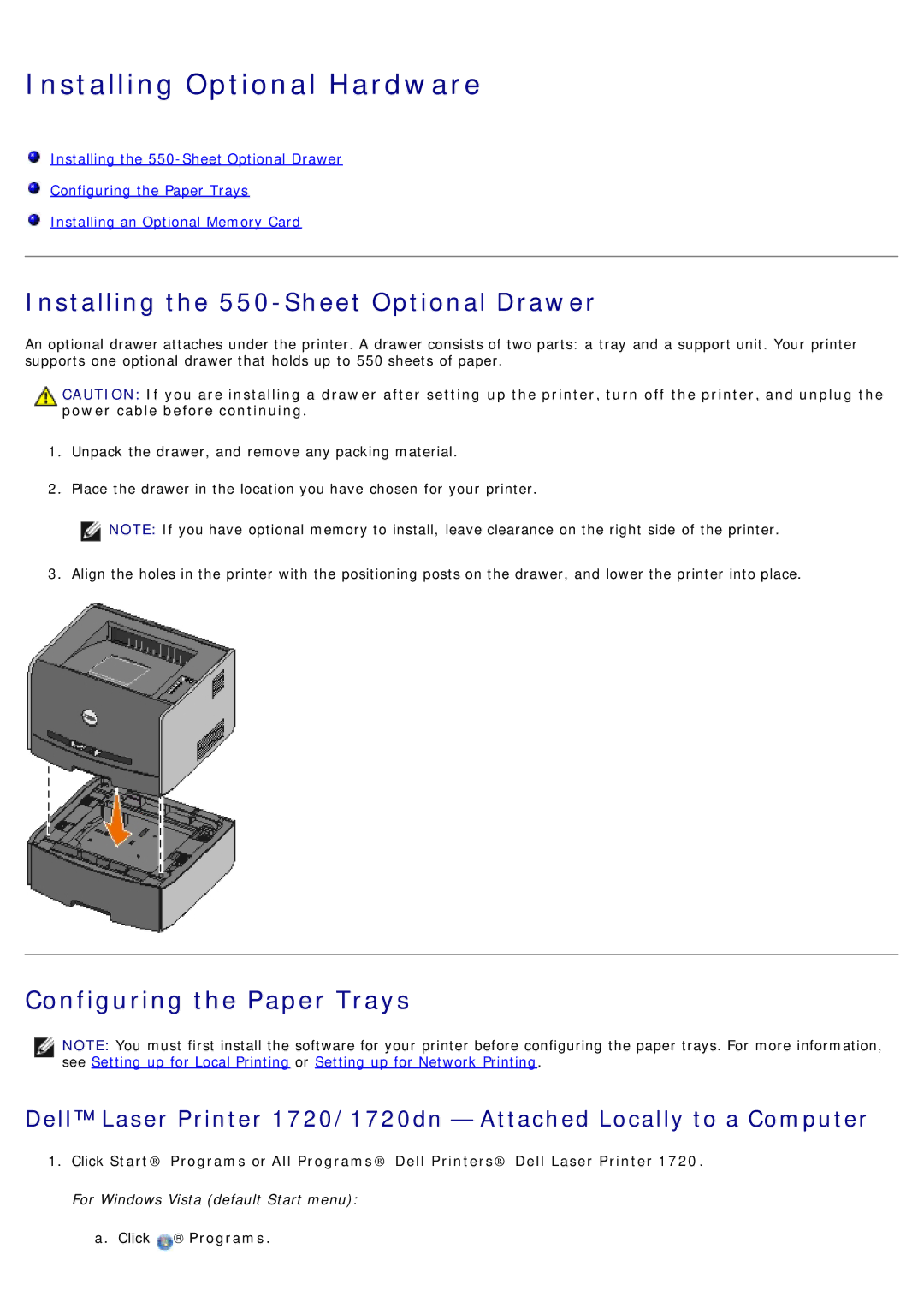 Dell 1720/1720DN Installing Optional Hardware, Installing the 550-Sheet Optional Drawer, Configuring the Paper Trays 