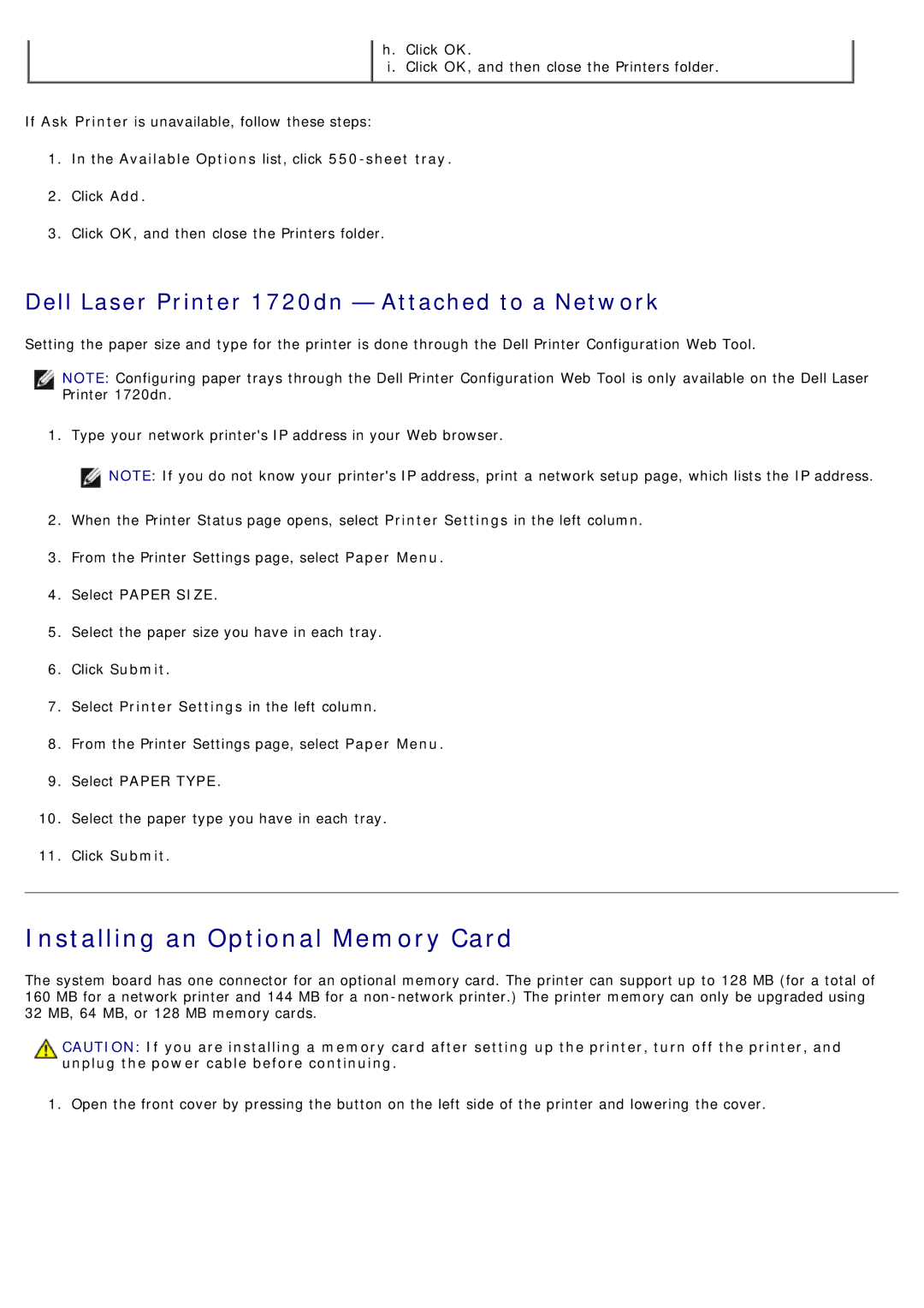 Dell 1720/1720DN Installing an Optional Memory Card, Dell Laser Printer 1720dn Attached to a Network, Select Paper Size 