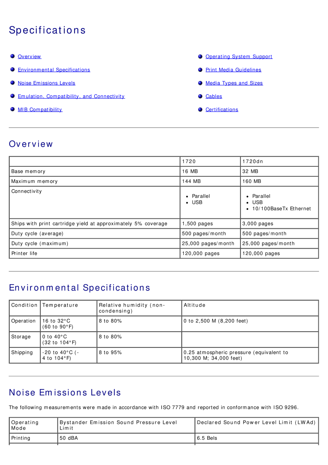 Dell 1720/1720DN specifications Overview, Environmental Specifications, Noise Emissions Levels, 1720 1720dn 