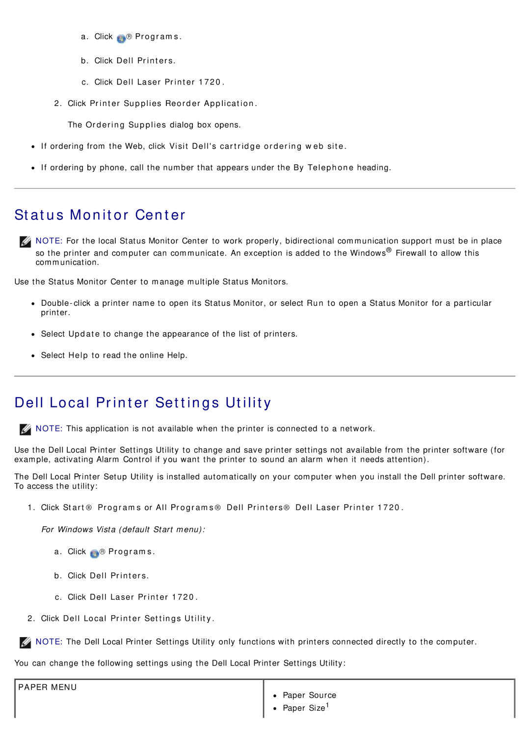 Dell 1720/1720DN specifications Status Monitor Center, Dell Local Printer Settings Utility 