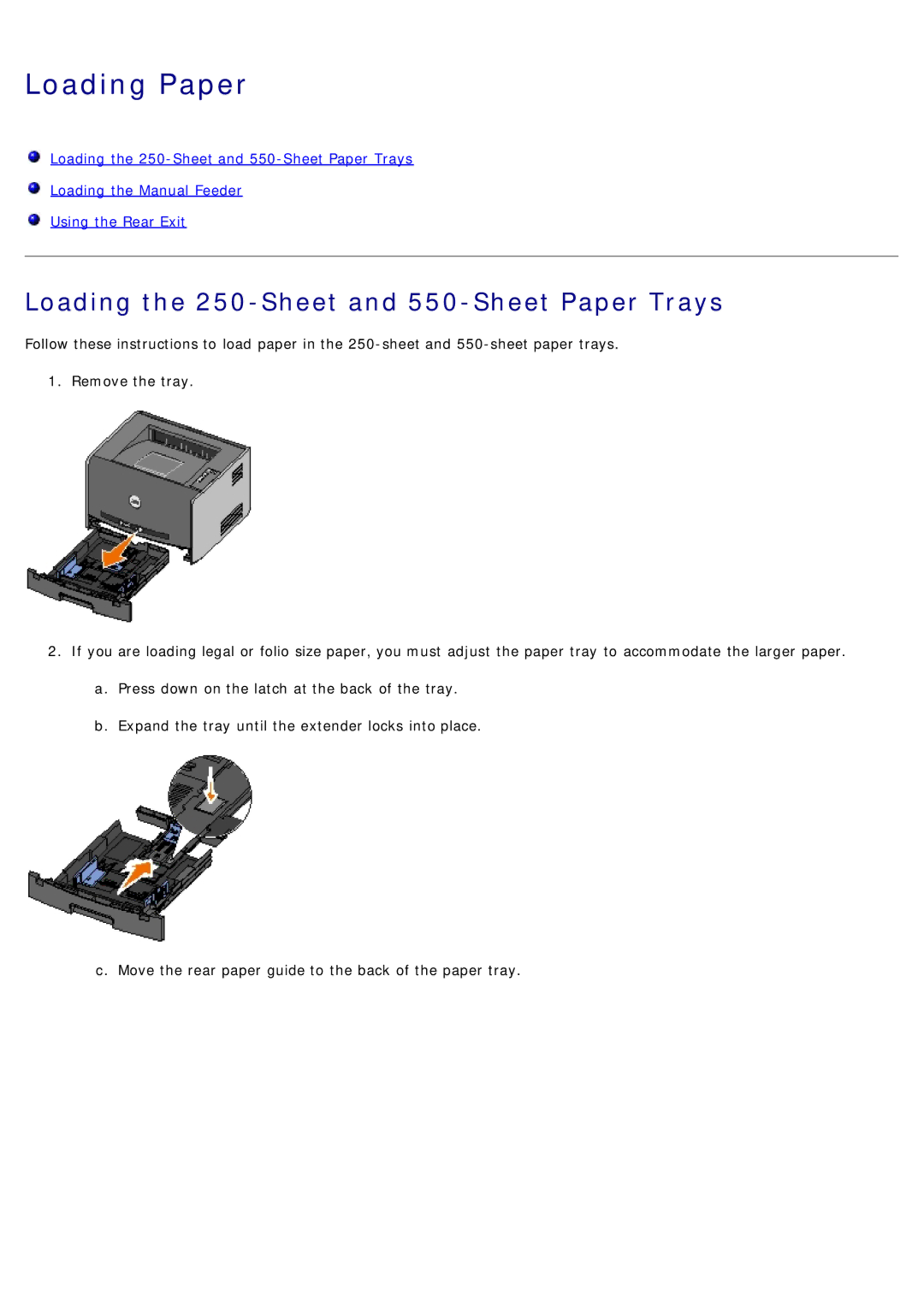 Dell 1720/1720DN specifications Loading Paper, Loading the 250-Sheet and 550-Sheet Paper Trays 