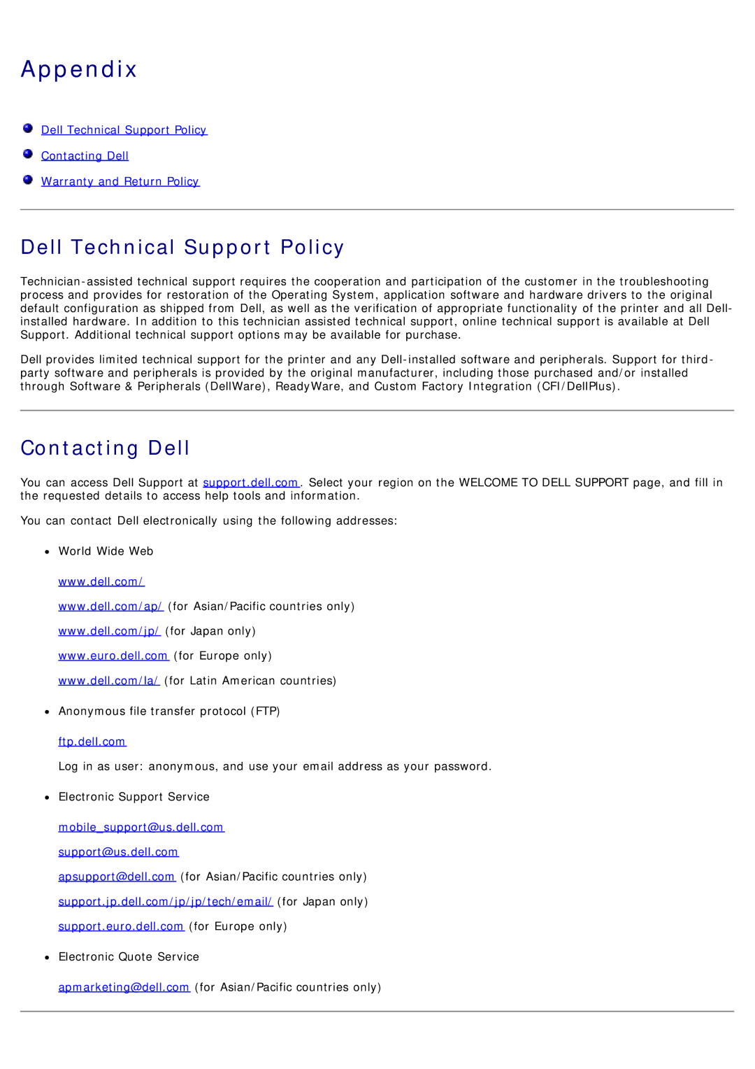 Dell 1720/1720DN specifications Appendix, Dell Technical Support Policy, Contacting Dell 