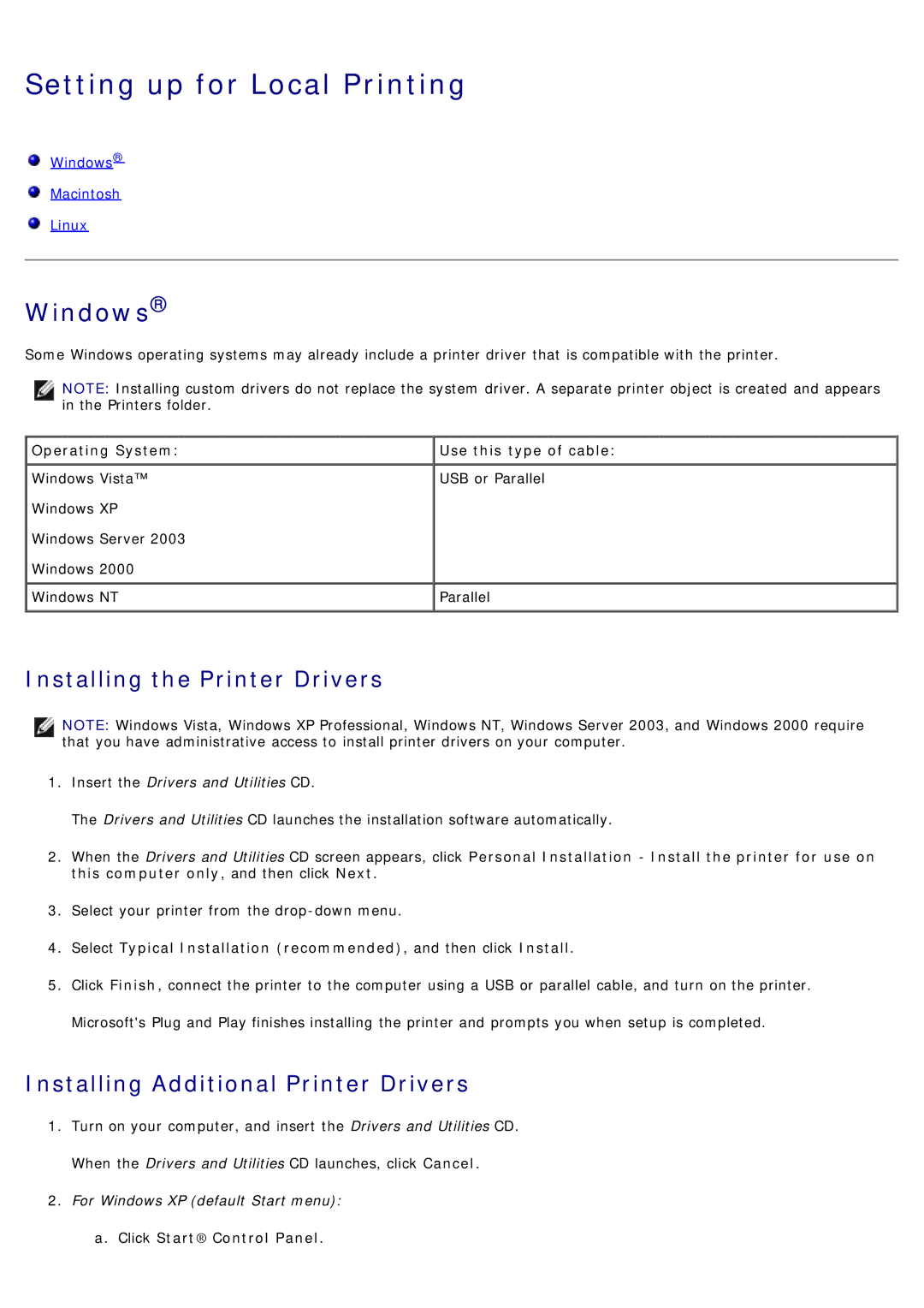 Dell 1720/1720DN specifications Setting up for Local Printing, Windows, Installing the Printer Drivers 