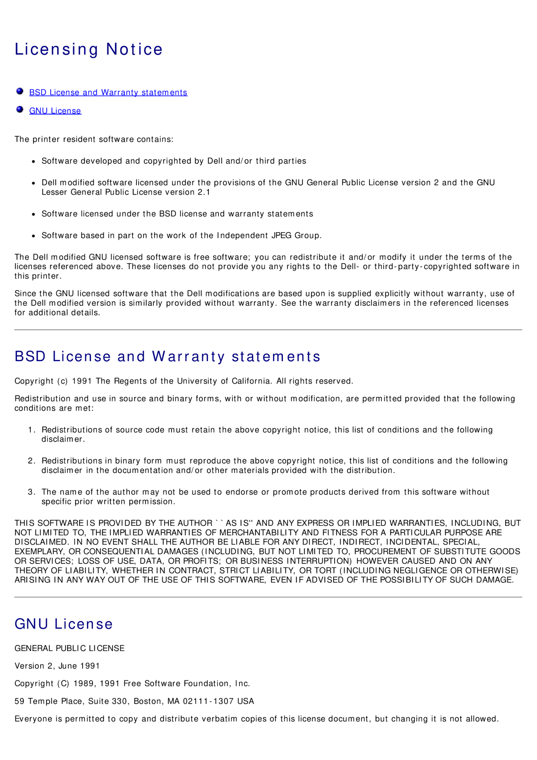 Dell 1720/1720DN specifications Licensing Notice, BSD License and Warranty statements, GNU License 