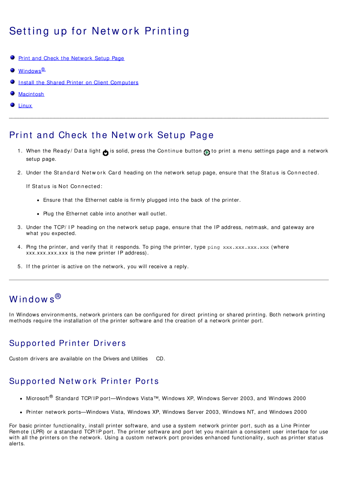 Dell 1720/1720DN Setting up for Network Printing, Print and Check the Network Setup, Supported Printer Drivers 