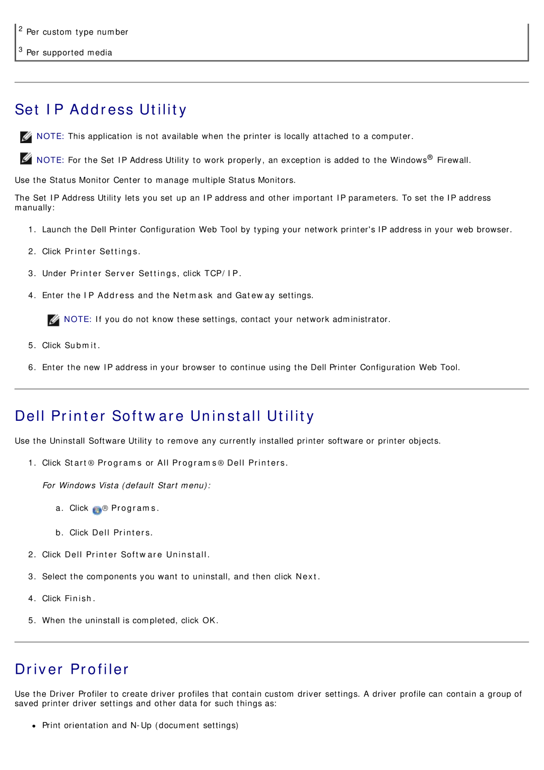 Dell 1720/1720DN specifications Set IP Address Utility, Dell Printer Software Uninstall Utility, Driver Profiler 