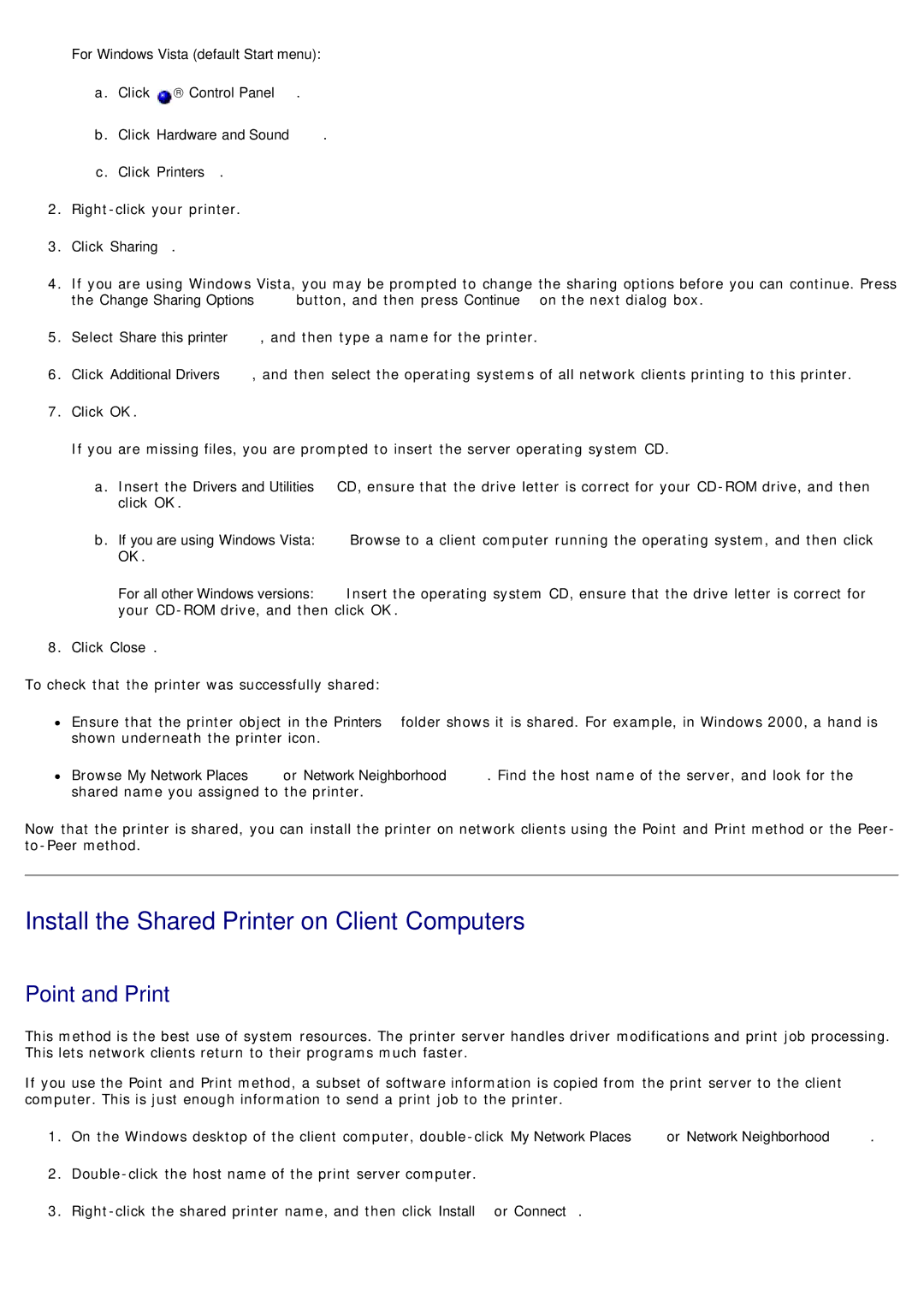 Dell 1720/1720DN specifications Install the Shared Printer on Client Computers, Point and Print 