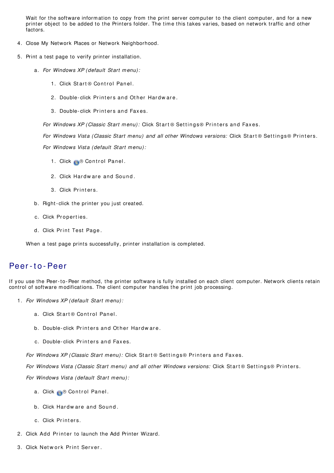 Dell 1720/1720DN specifications Peer-to-Peer, Click Properties Click Print Test, Click Network Print Server 