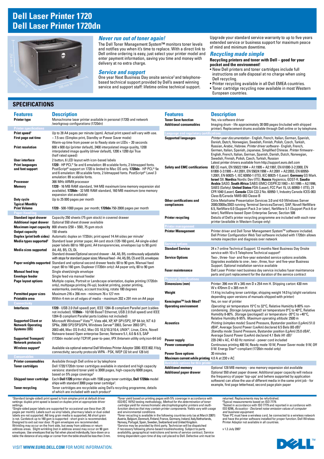 Dell 1720dn Printer specfications, Paper Handling, Connectivity, Consumables, Language and regulatory certifications 