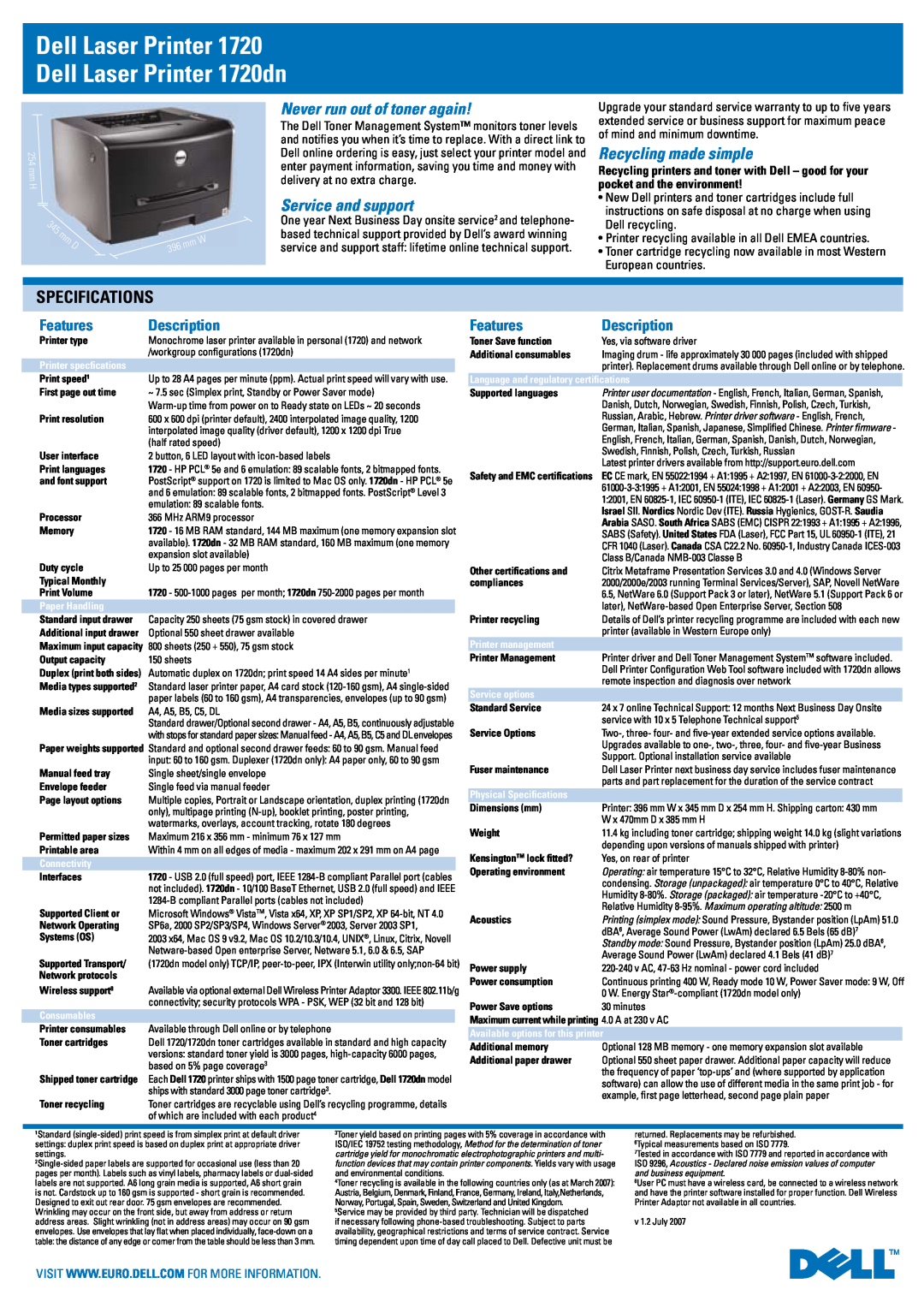 Dell Specifications, Dell Laser Printer 1720 Dell Laser Printer 1720dn, Never run out of toner again, Features, mm D 