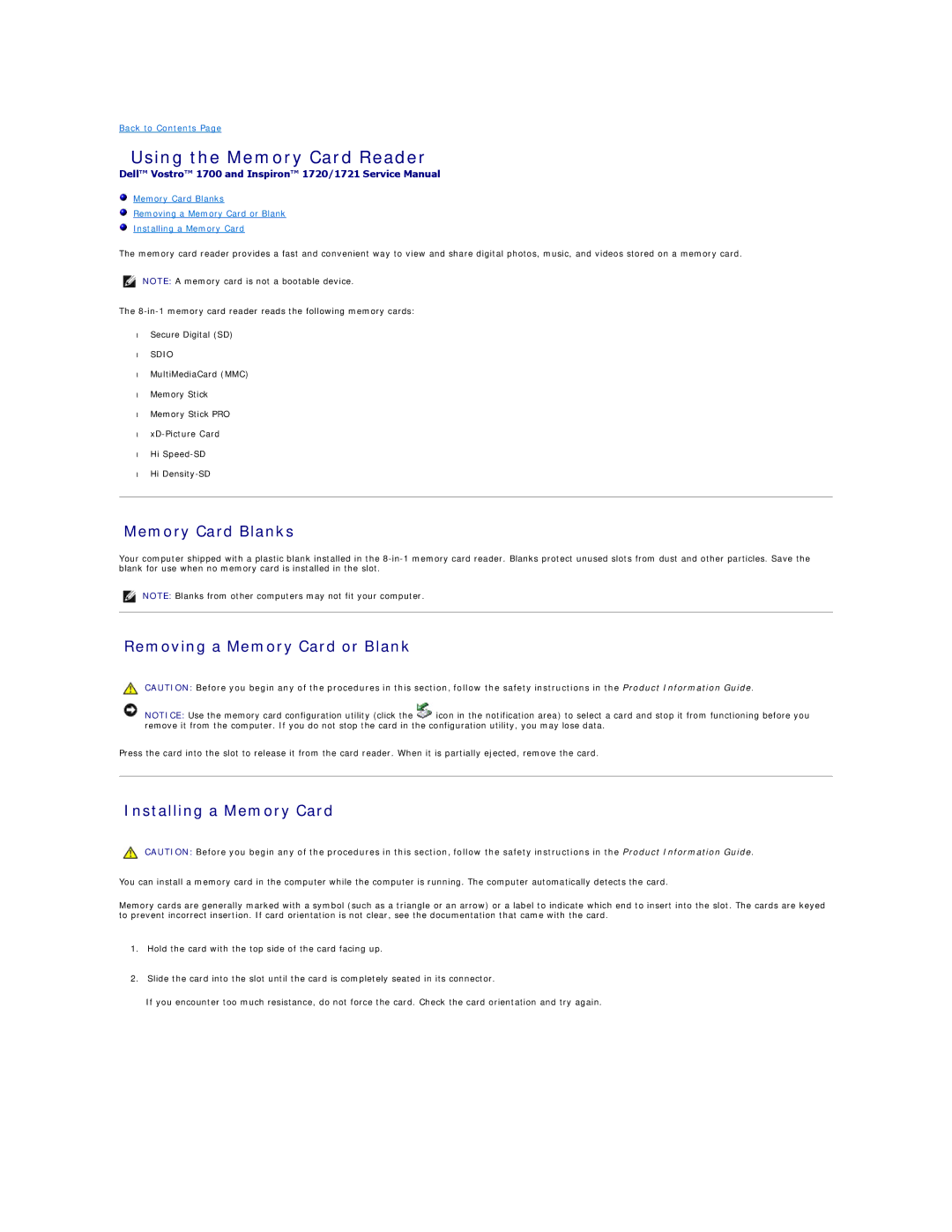Dell 1721 Using the Memory Card Reader, Memory Card Blanks, Removing a Memory Card or Blank, Installing a Memory Card 
