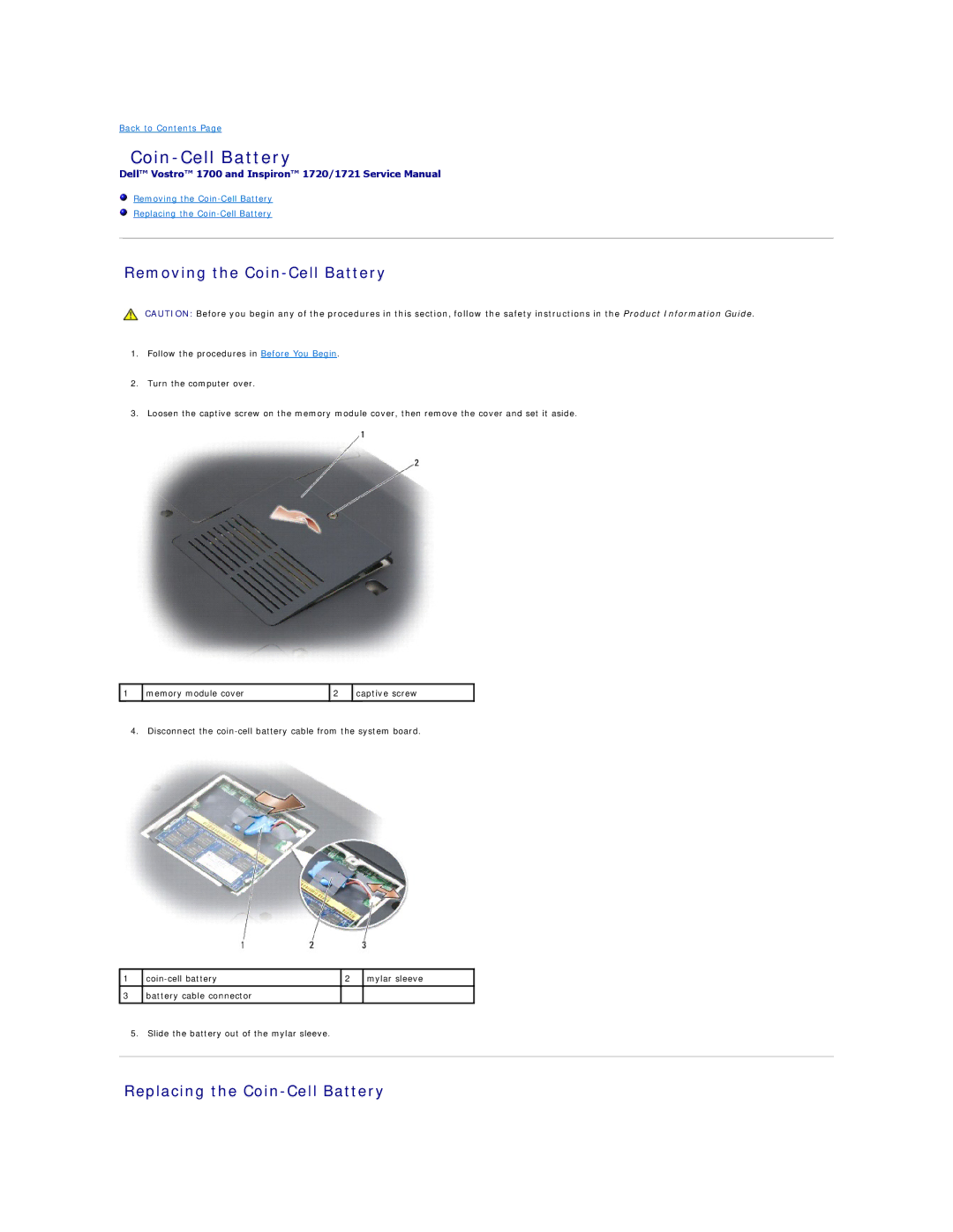 Dell 1721 manual Removing the Coin-Cell Battery, Replacing the Coin-Cell Battery 