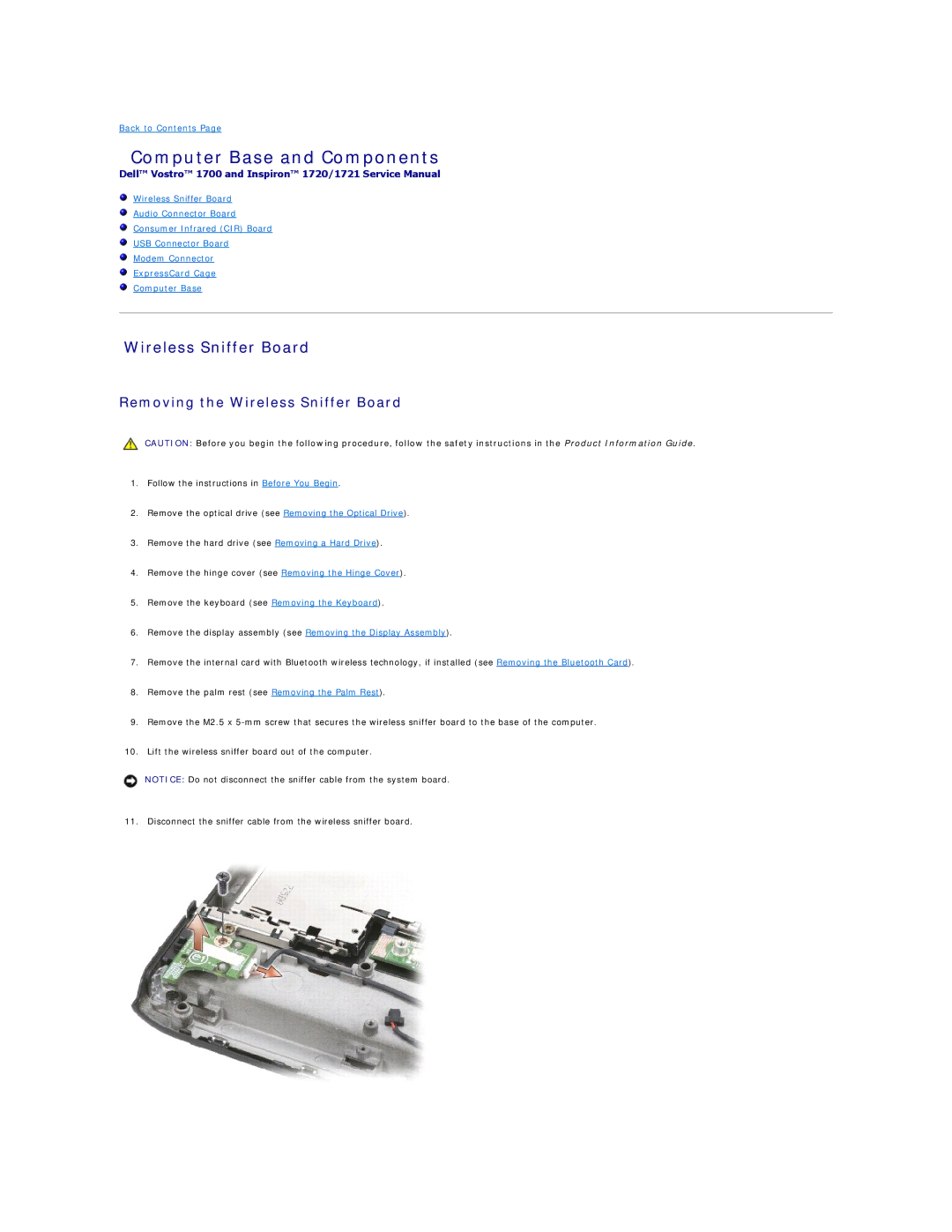 Dell 1721 manual Computer Base and Components, Removing the Wireless Sniffer Board, Back to Contents 