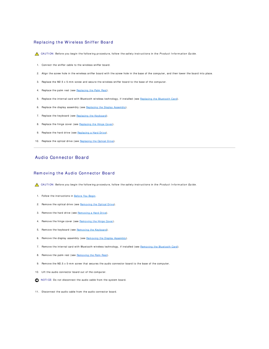 Dell 1721 manual Replacing the Wireless Sniffer Board, Removing the Audio Connector Board 