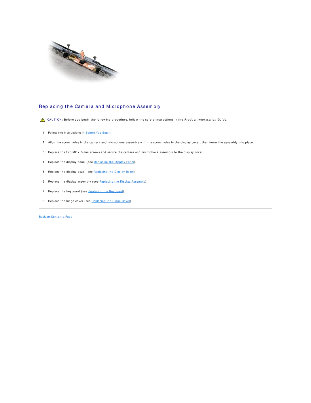 Dell 1721 manual Replacing the Camera and Microphone Assembly, Back to Contents 