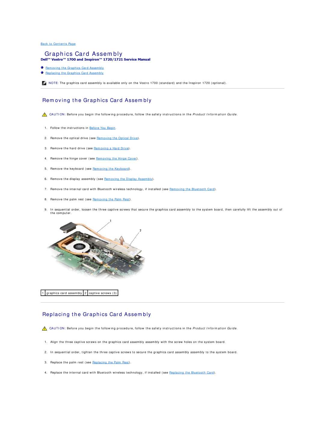 Dell 1721 manual Removing the Graphics Card Assembly, Replacing the Graphics Card Assembly 