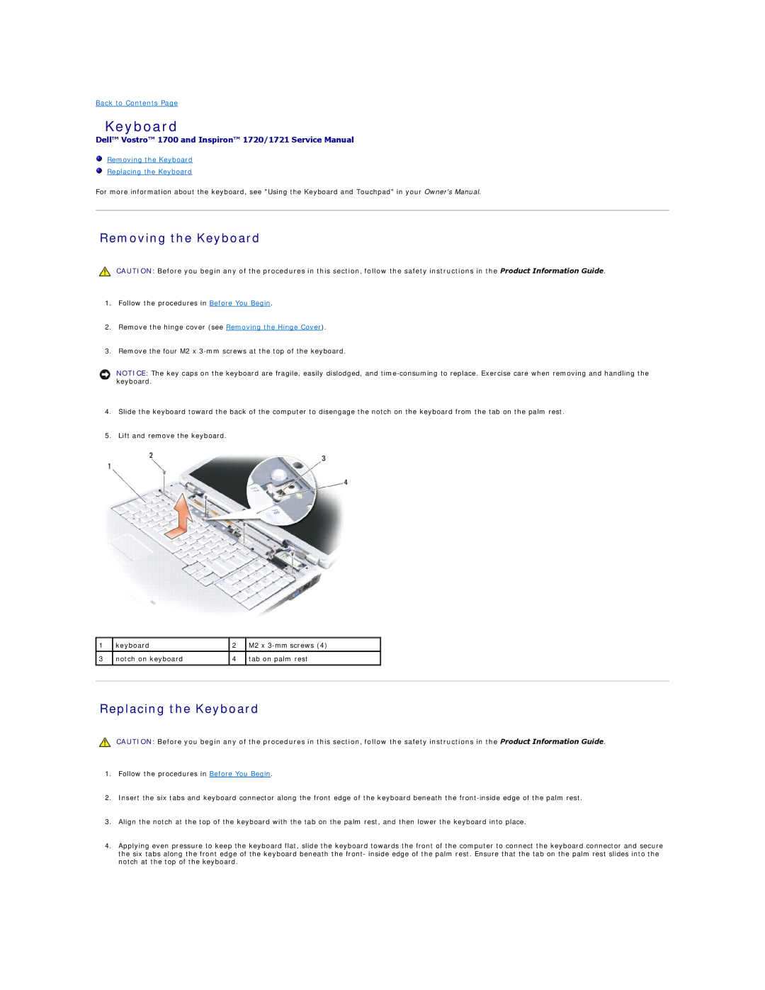 Dell 1721 manual Removing the Keyboard Replacing the Keyboard 