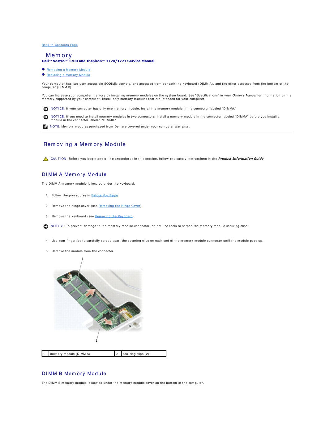 Dell 1721 manual Removing a Memory Module, Dimm a Memory Module, Dimm B Memory Module 