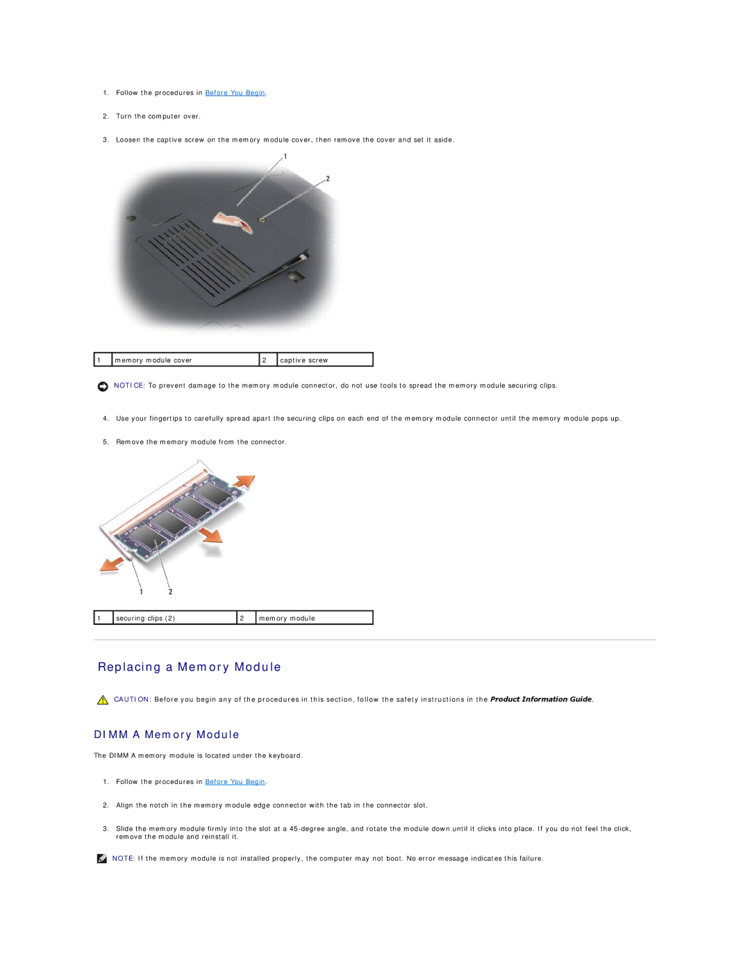 Dell 1721 manual Replacing a Memory Module 