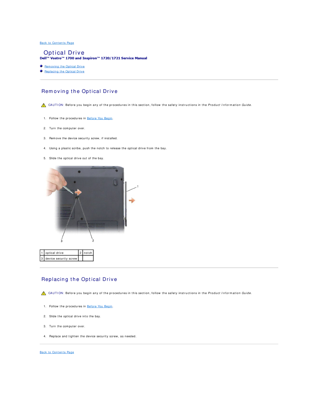 Dell 1721 manual Removing the Optical Drive, Replacing the Optical Drive 