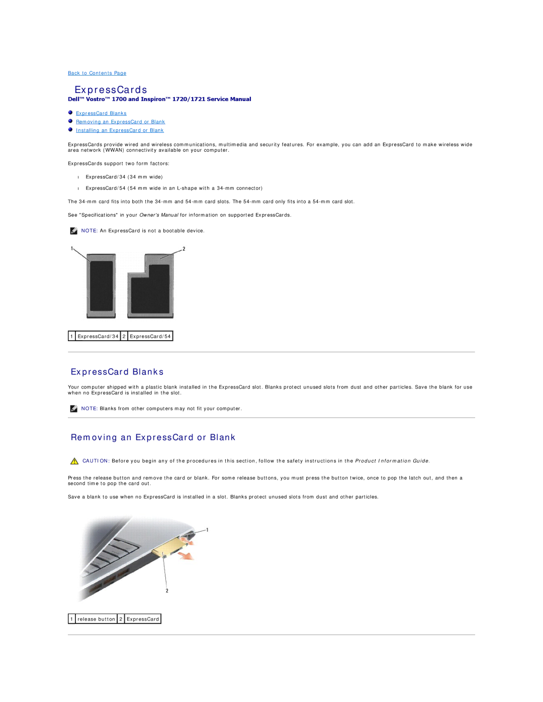 Dell 1721 manual ExpressCards, ExpressCard Blanks, Removing an ExpressCard or Blank 