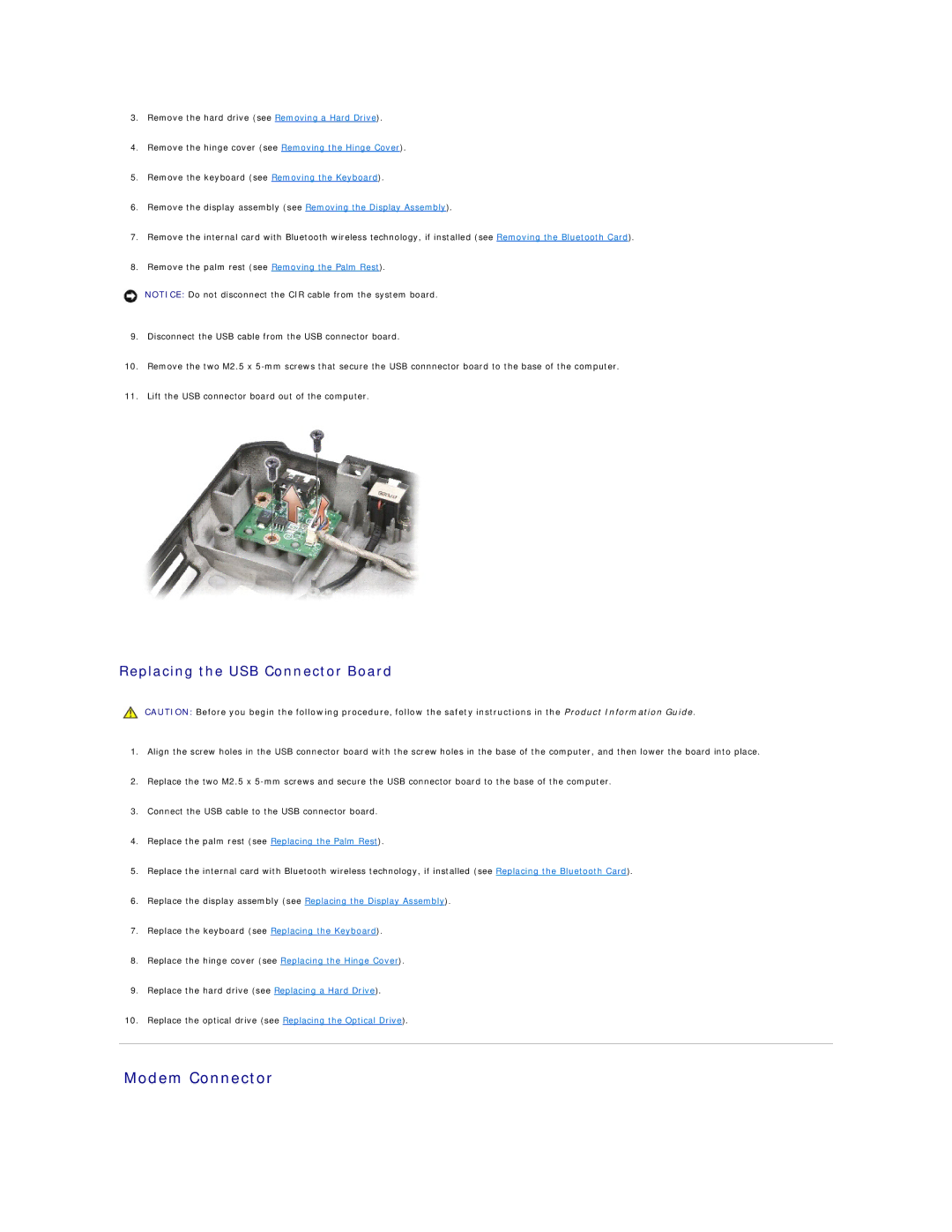 Dell 1721 manual Modem Connector, Replacing the USB Connector Board 