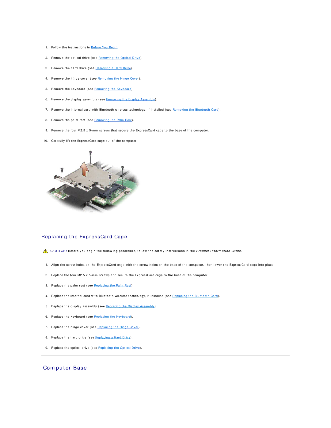 Dell 1721 manual Computer Base, Replacing the ExpressCard Cage 