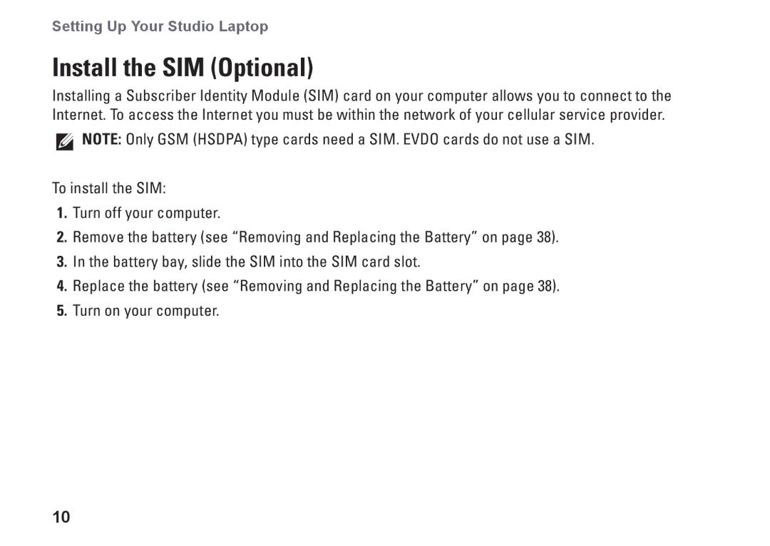 Dell 1747, 1745, P02E001, 0K027RA00 setup guide Install the SIM Optional 