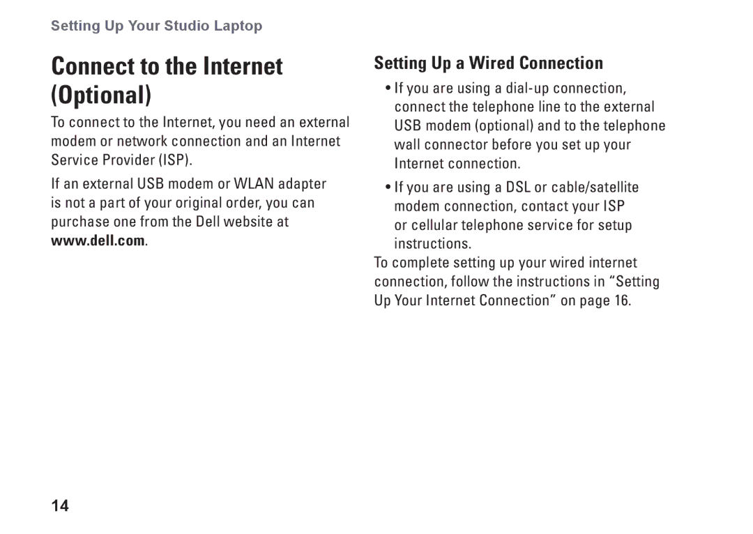 Dell 1747, 1745, P02E001, 0K027RA00 setup guide Connect to the Internet Optional, Setting Up a Wired Connection 