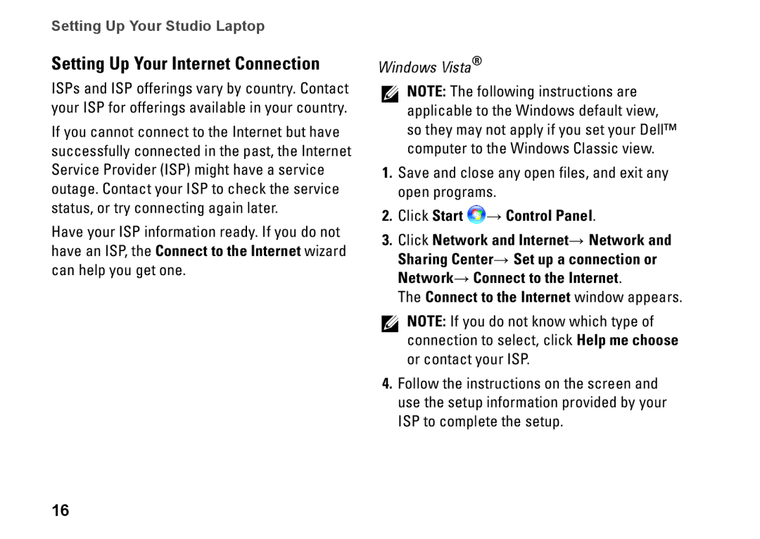 Dell 1747, 1745 Setting Up Your Internet Connection, Click Start → Control Panel, Connect to the Internet window appears 