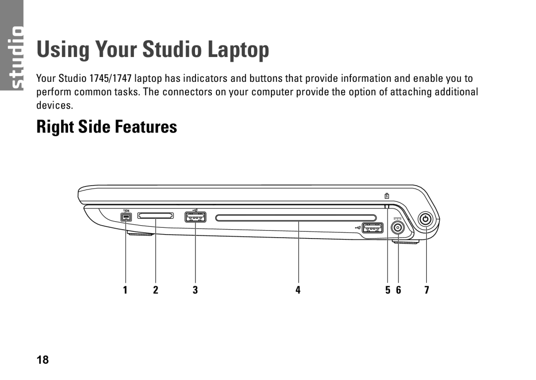 Dell P02E001, 1747, 1745, 0K027RA00 setup guide Using Your Studio Laptop, Right Side Features 