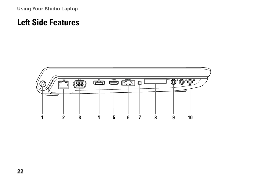 Dell 1747, 1745, P02E001, 0K027RA00 setup guide Left Side Features 