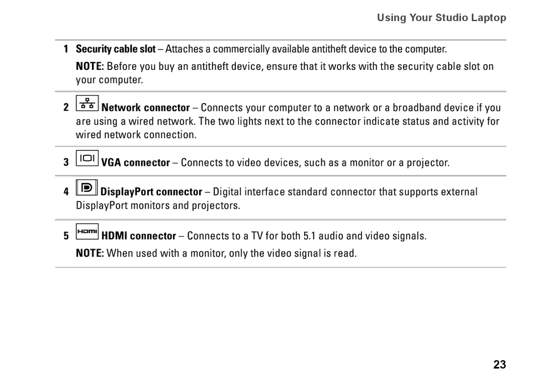 Dell 1745, 1747, P02E001, 0K027RA00 setup guide Using Your Studio Laptop 