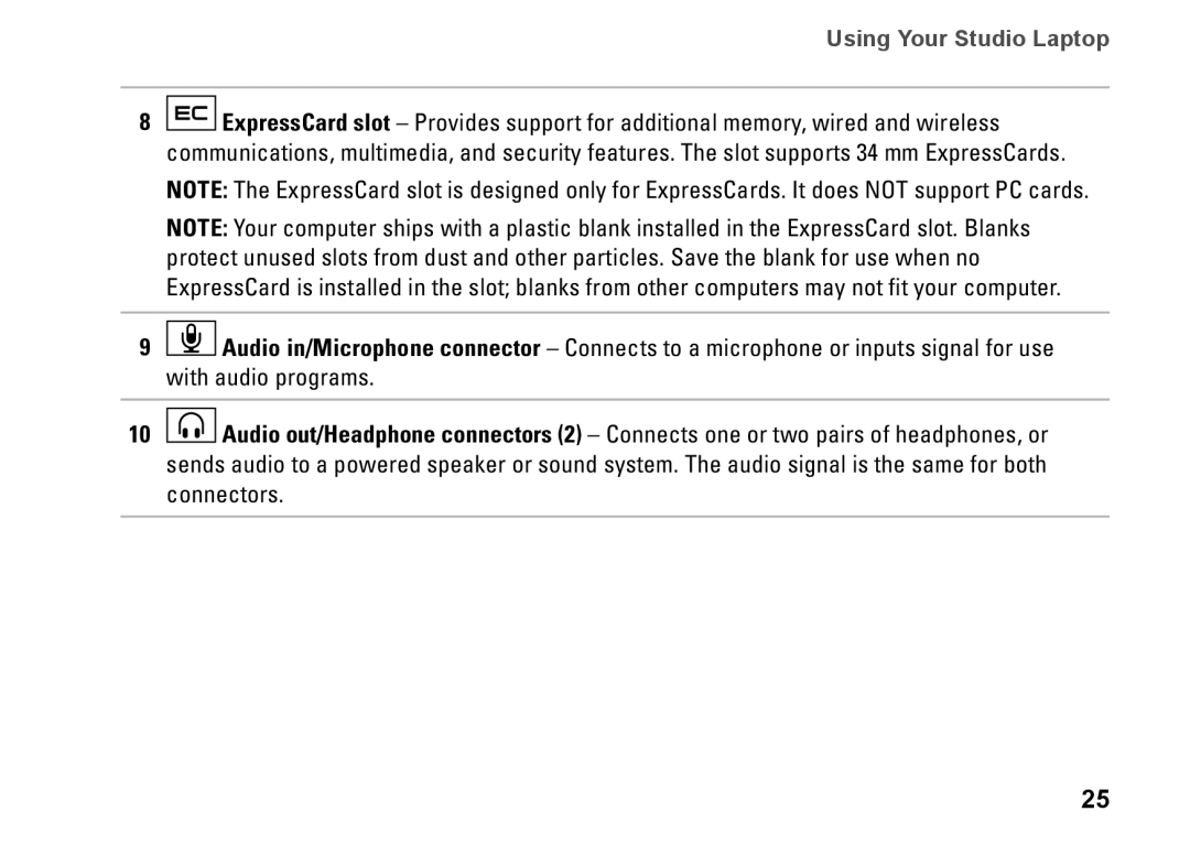 Dell 1747, 1745, P02E001, 0K027RA00 setup guide Using Your Studio Laptop 