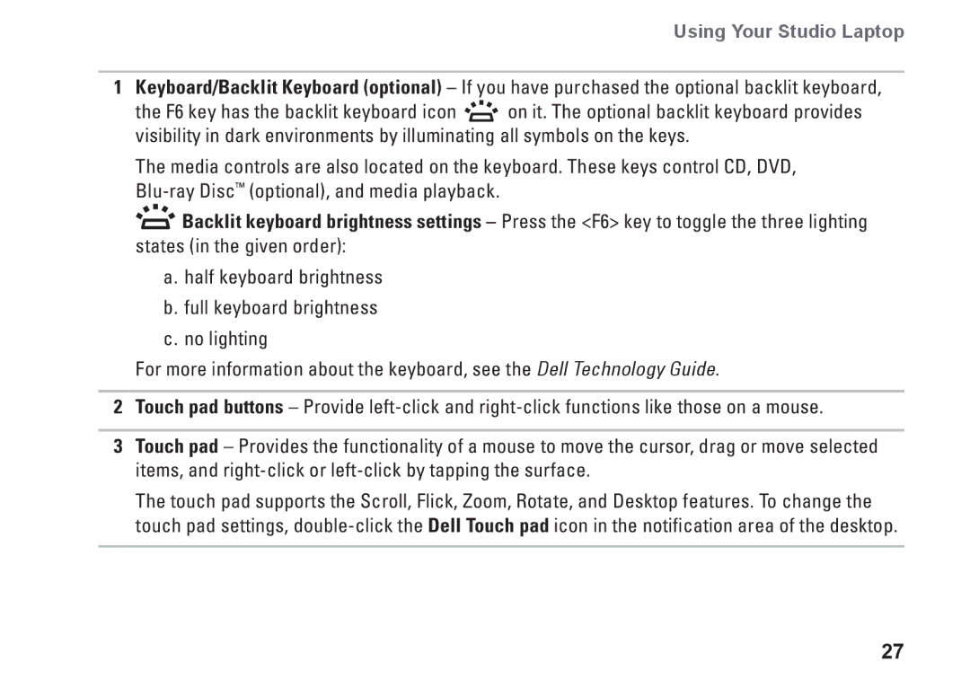 Dell 0K027RA00, 1747, 1745, P02E001 setup guide Using Your Studio Laptop 