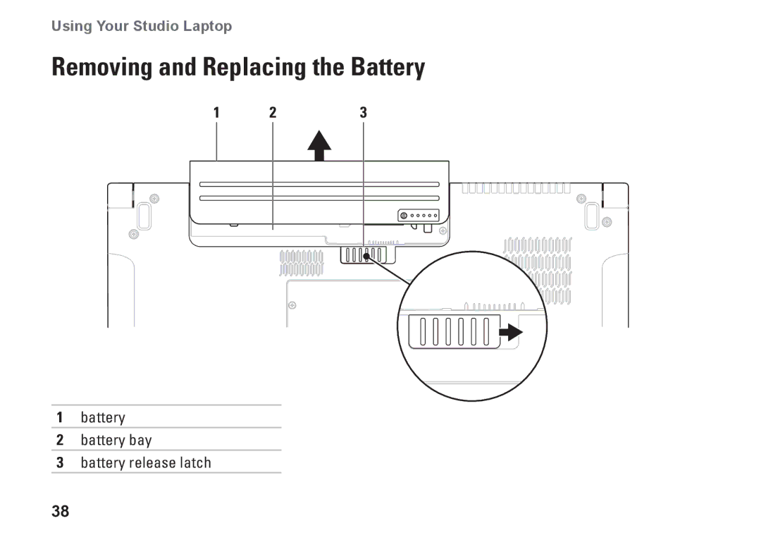 Dell 1747, 1745, P02E001, 0K027RA00 setup guide Removing and Replacing the Battery 