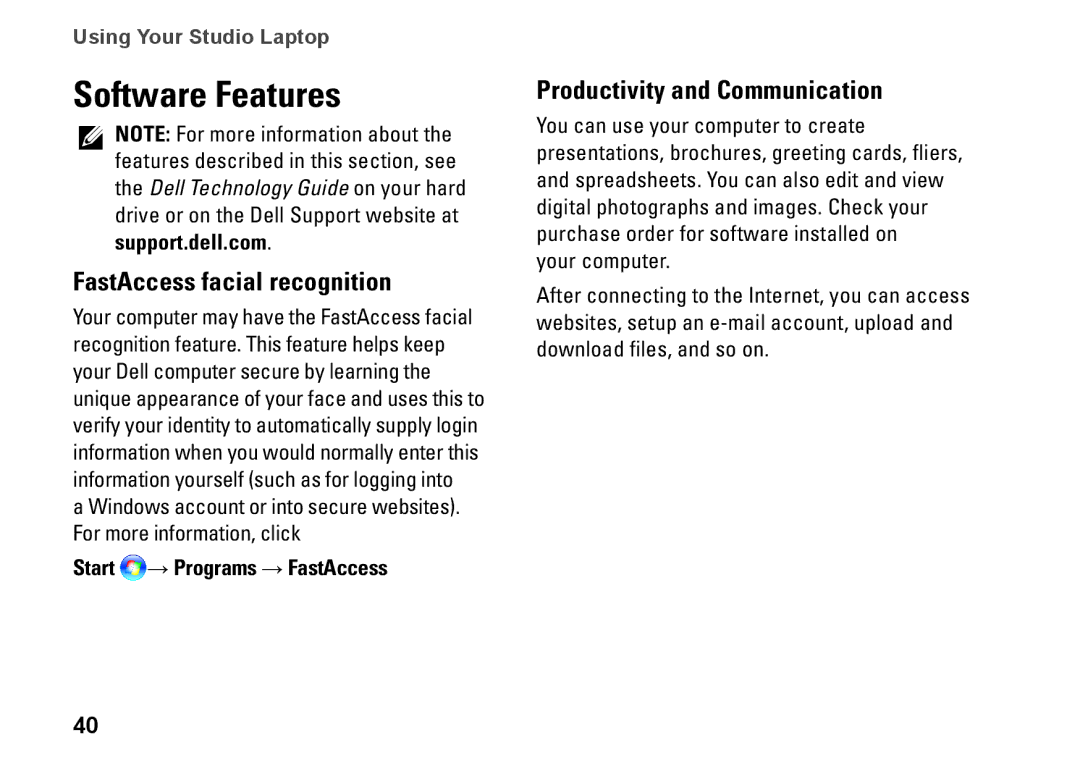 Dell 1747 Software Features, FastAccess facial recognition, Productivity and Communication, Start → Programs → FastAccess 