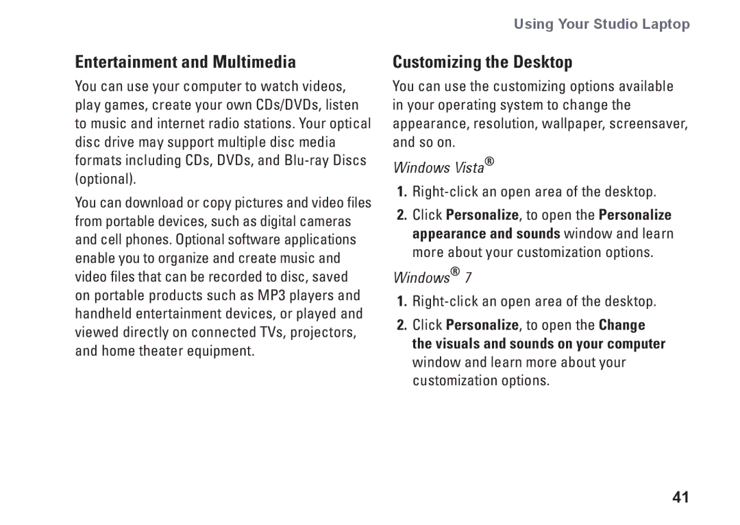 Dell 1745, 1747, P02E001, 0K027RA00 setup guide Entertainment and Multimedia, Customizing the Desktop 