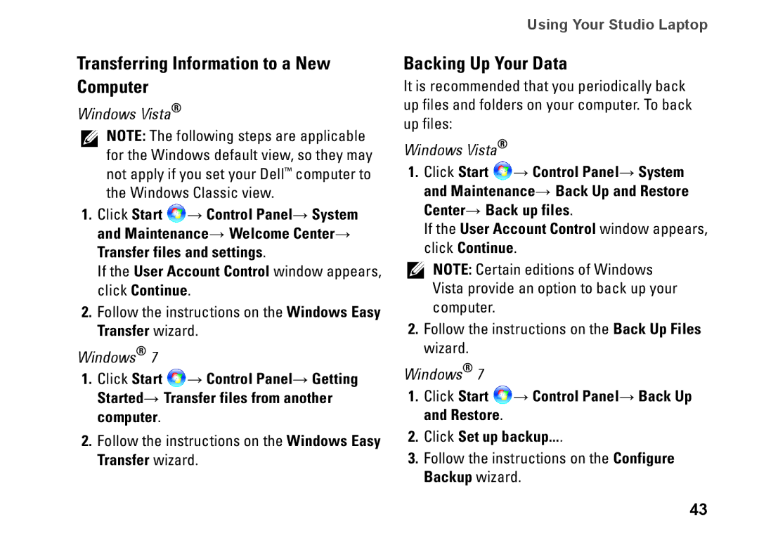 Dell 1747, 1745, P02E001, 0K027RA00 setup guide Transferring Information to a New Computer, Backing Up Your Data 