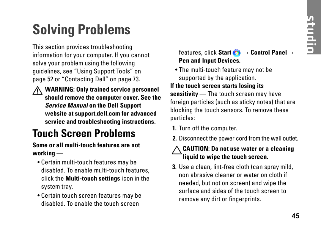 Dell 0K027RA00, 1747, 1745, P02E Solving Problems, Touch Screen Problems, Some or all multi-touch features are not working 