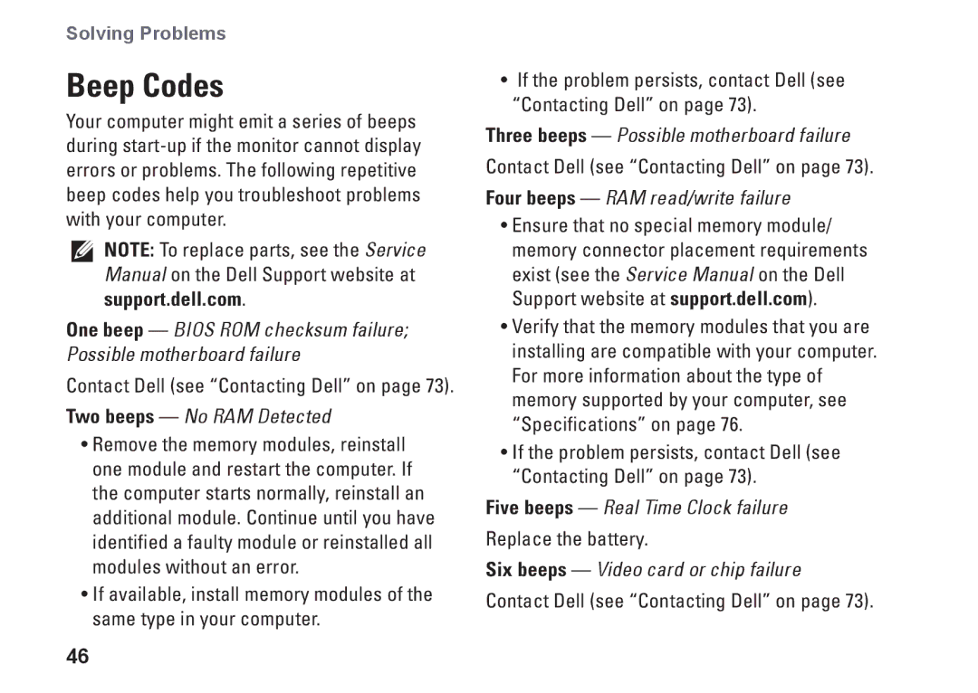 Dell 1747, 1745, P02E001, 0K027RA00 setup guide Beep Codes, Two beeps No RAM Detected 