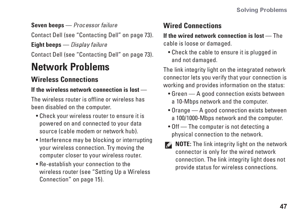 Dell 1745, 1747, P02E001, 0K027RA00 setup guide Network Problems, Wireless Connections, Wired Connections 