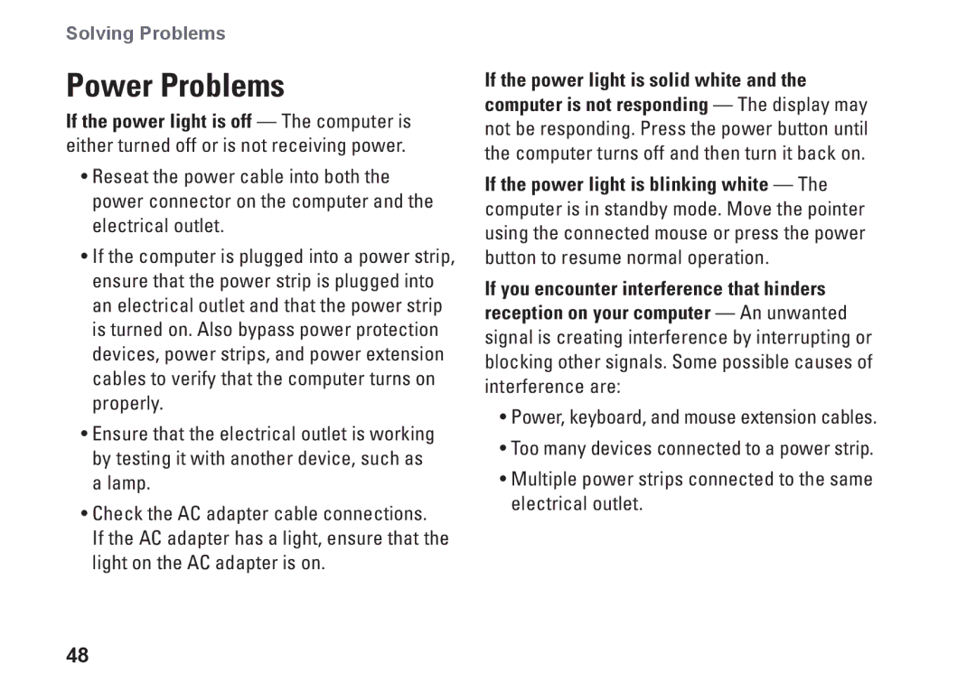 Dell P02E001, 1747, 1745, 0K027RA00 setup guide Power Problems 