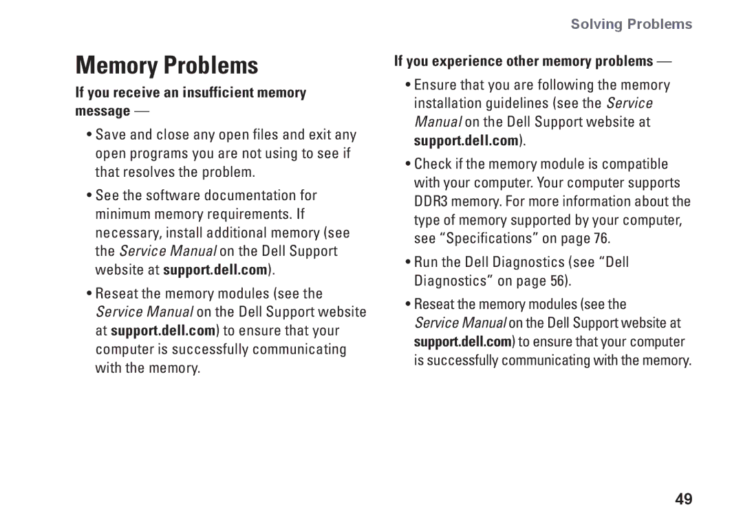 Dell P02E, 1747 Memory Problems, If you receive an insufficient memory message, If you experience other memory problems 